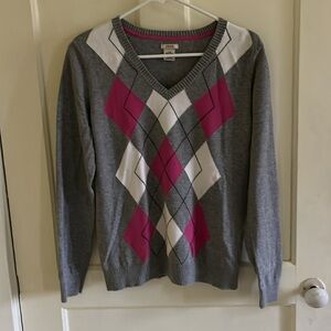 IZOD Argyle V-neck gray and pink sweater size Large